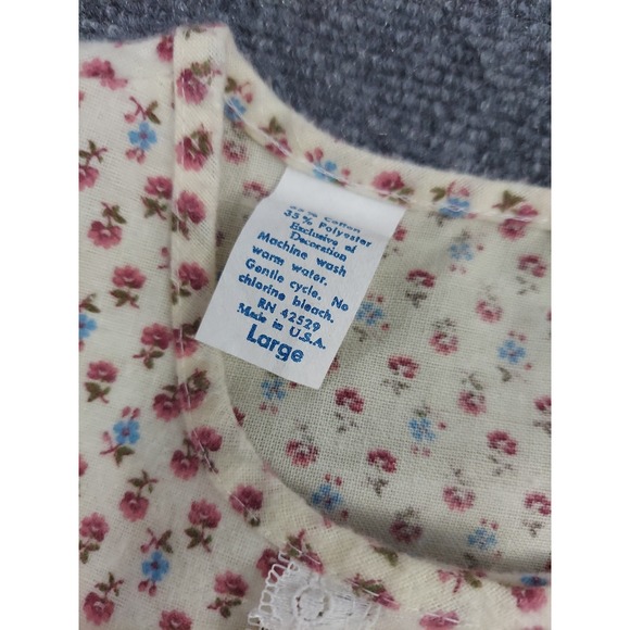 Vtg Flannel Nightgown Large Beige Pink Floral Long Lace USA Made Cottagecore - Picture 8 of 11